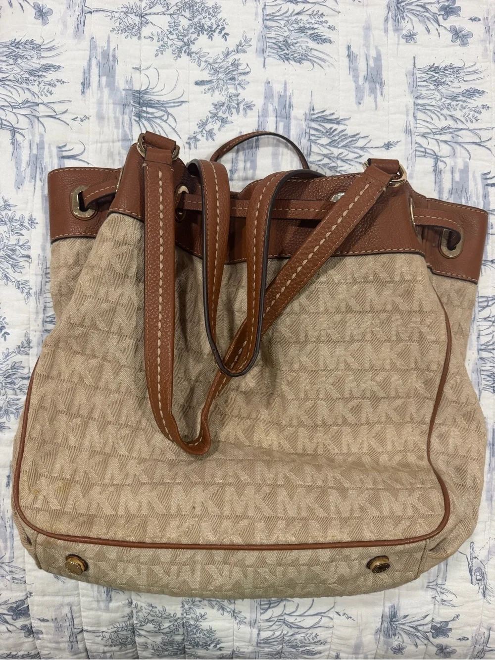 Michael Kors Tan and Brown Monogram Drawstring Tote